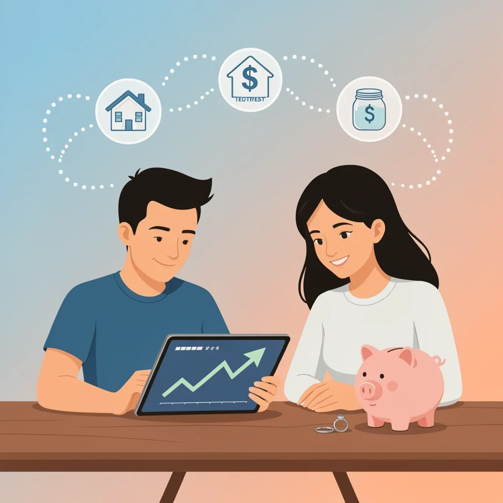 A couple reviewing their wedding budget on a tablet with financial planning icons floating nearby.