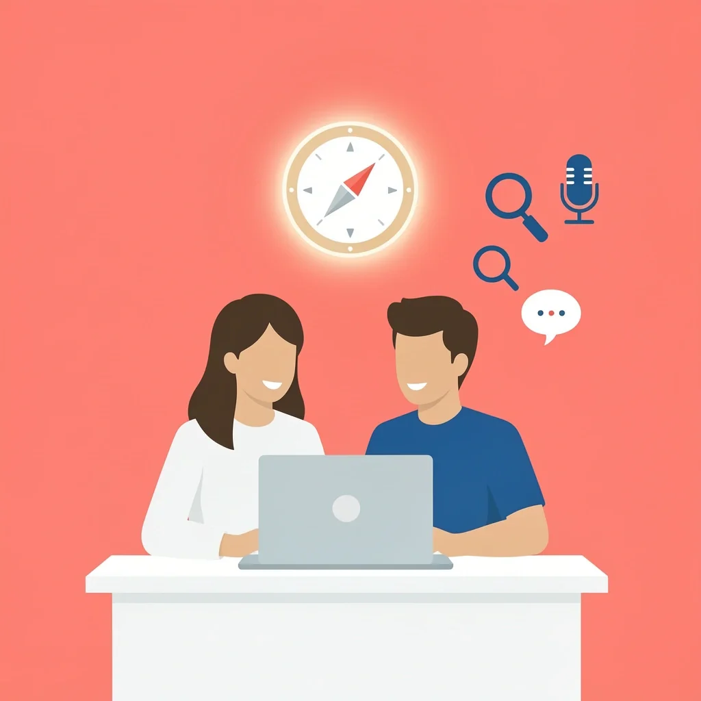 Searching for Wedding Officiant Candidates Couple searching for a wedding officiant on a laptop with search icons