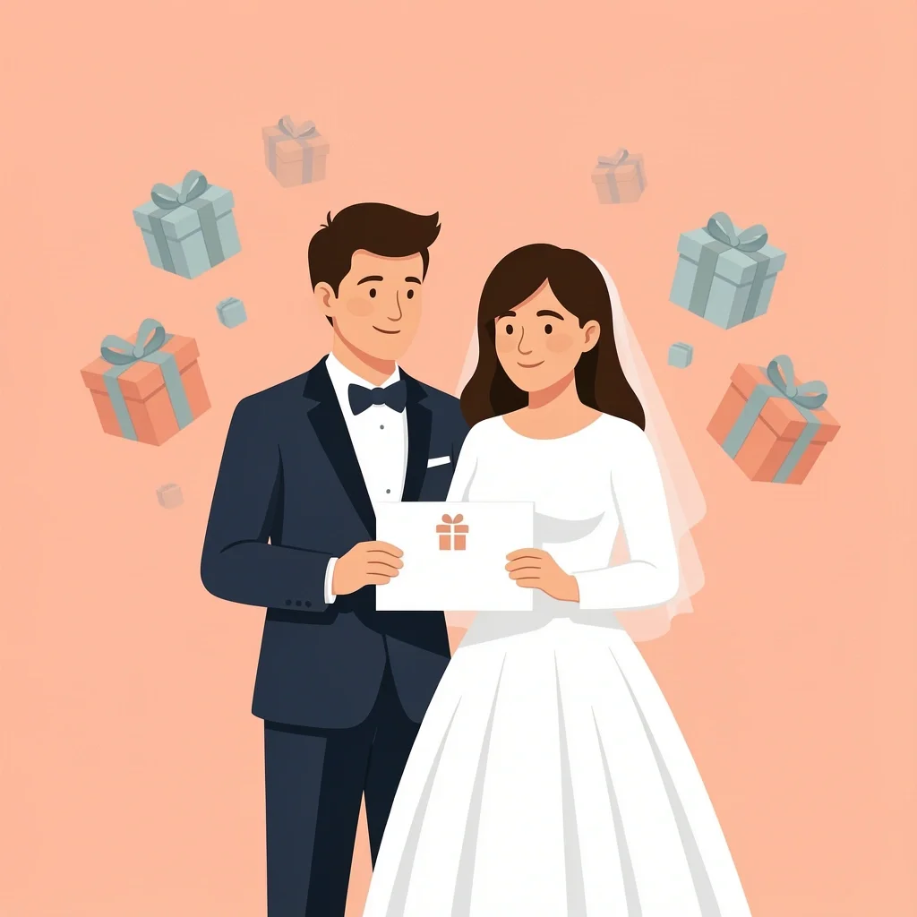 Minimalist couple with a blank card and fading gift boxes representing no wedding registry