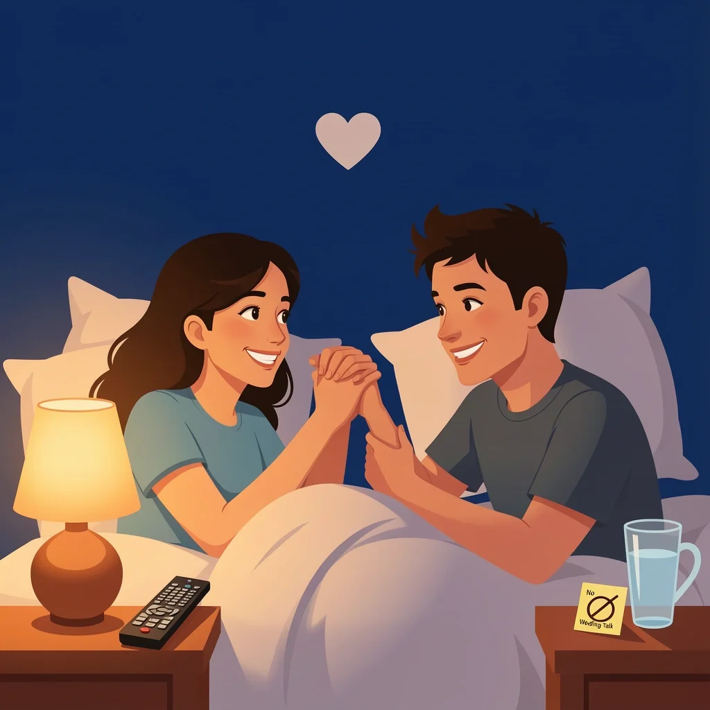 Couple Pre-Wedding Night Together A couple sleeping peacefully together the night before their wedding, with a 'no wedding talk' visual symbol on the nightstand