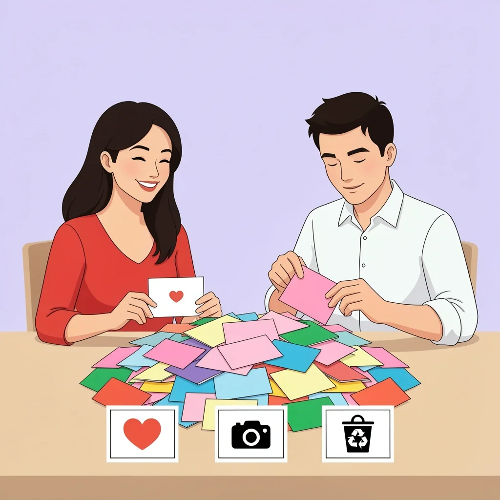 Couple sorting wedding cards into keep, digitize, and discard piles