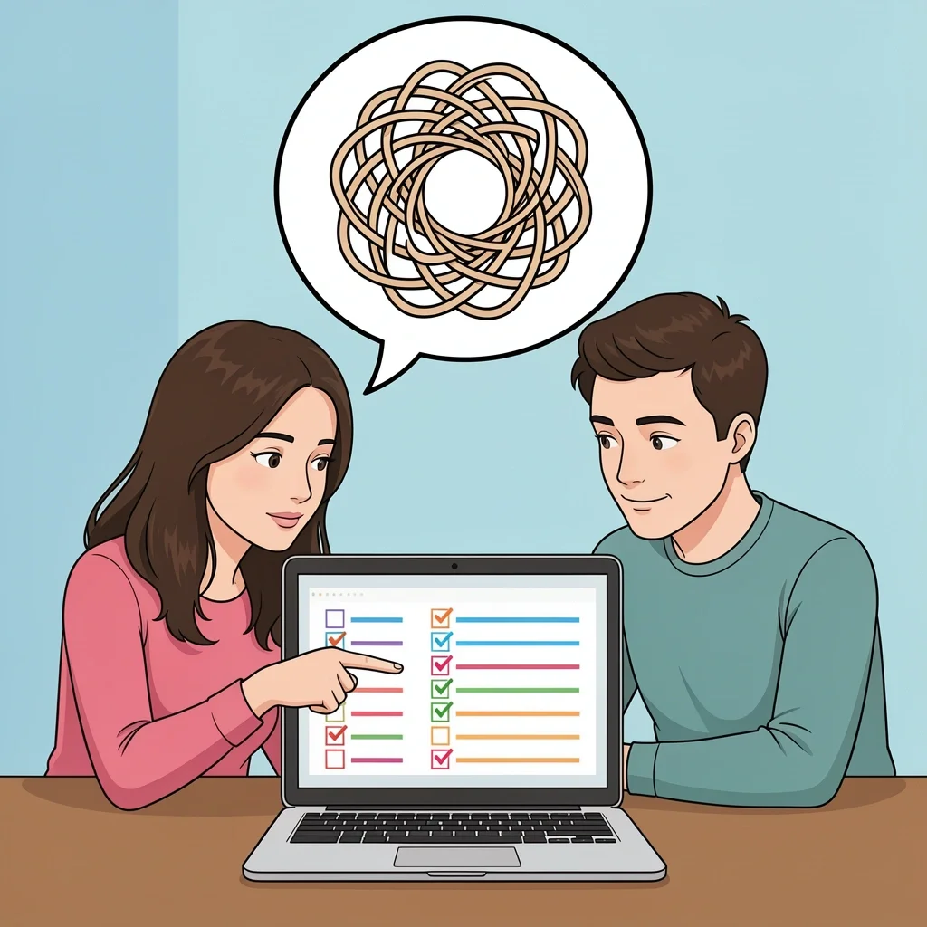 Couple Using Wedding Planning Template Couple sitting at desk looking at laptop with wedding planning checklist, woman pointing, man nodding, speech bubble showing tangled string becoming neat circle