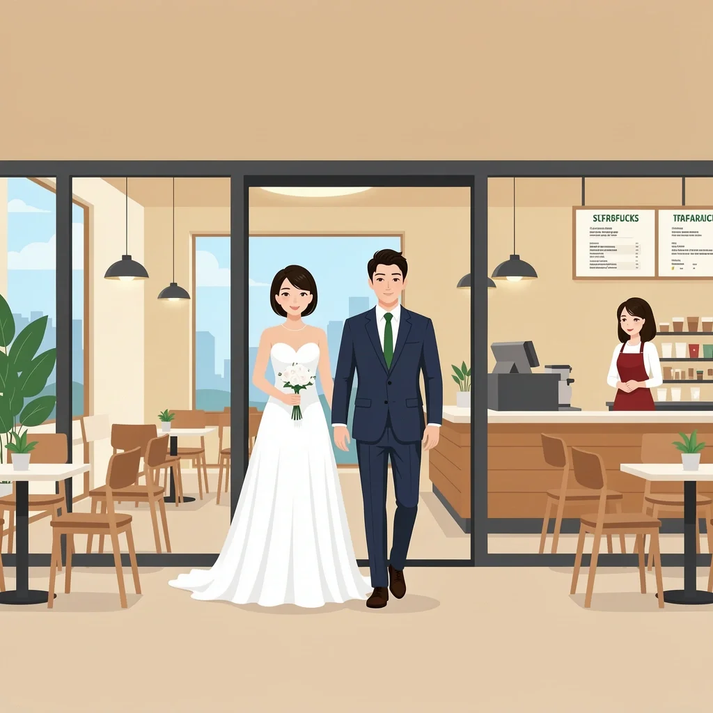 Couple Quiet Starbucks Visit Wedding Day Bride and groom in wedding attire entering a quiet Starbucks store mid-morning, barista smiling at counter