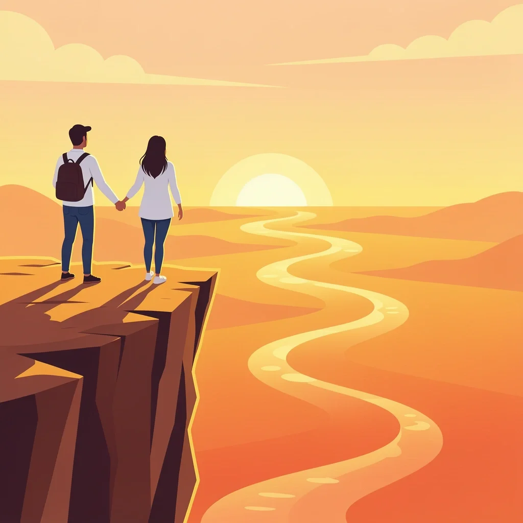 Couple standing on a cliff at sunrise looking at a winding path representing marriage as an adventure