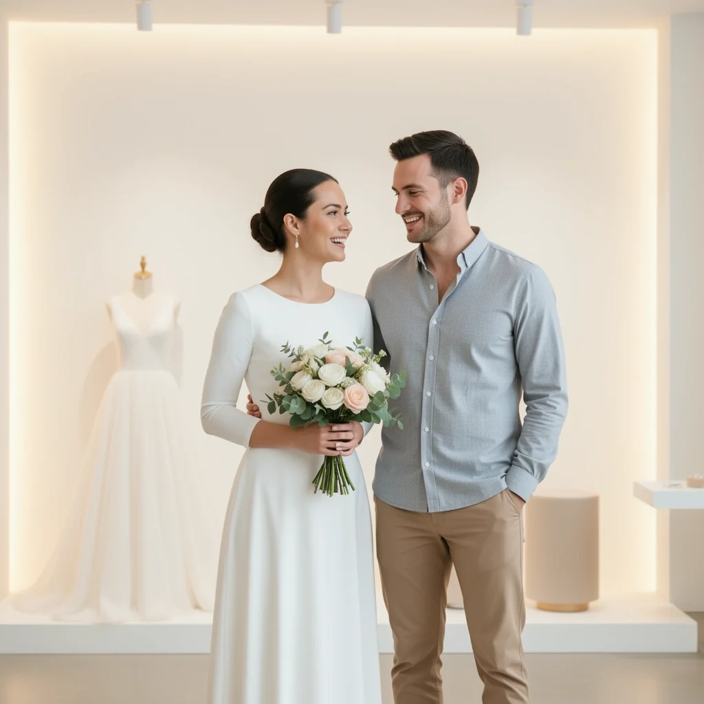 Happy couple shopping for a wedding dress together in a modern bridal salon