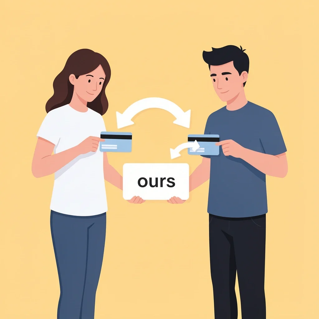 Couple with personal cards and a shared 'ours' card showing proportional contributions