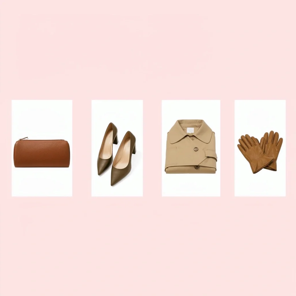 Flat lay of clutch, block-heel pumps, trench coat, and gloves for courthouse wedding guest accessories