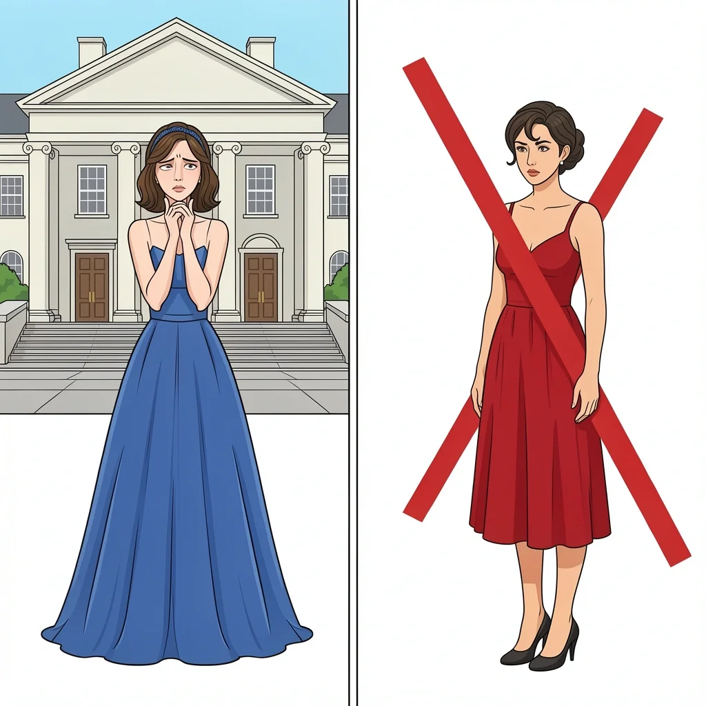 Two mismatched outfits: evening gown at daytime and sundress at evening, common courthouse wedding guest mistakes