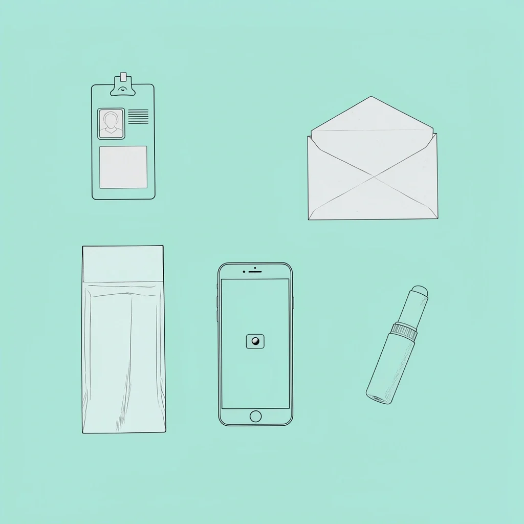 Flat lay of ID, gift card, tissues, smartphone, and lipstick for courthouse wedding guest essentials
