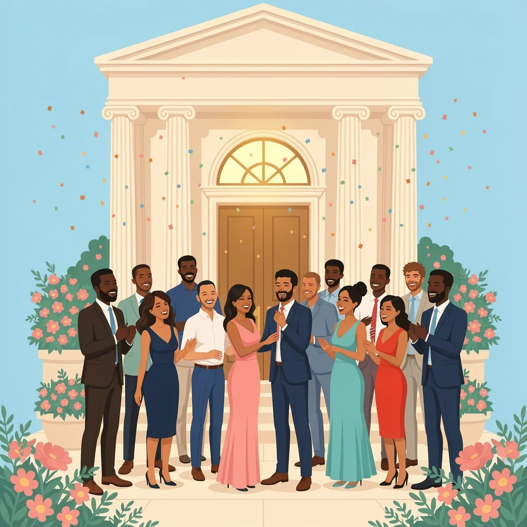 Group of stylish guests at a courthouse wedding entrance, showcasing semi-formal attire for civil ceremonies