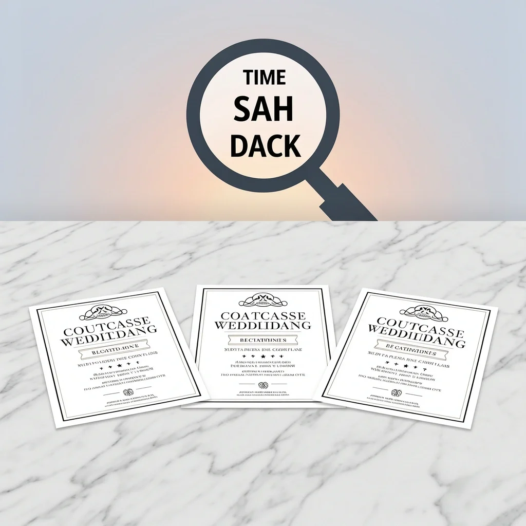 Three wedding invitations with magnifying glass indicating time, location, and reception plans for formality level