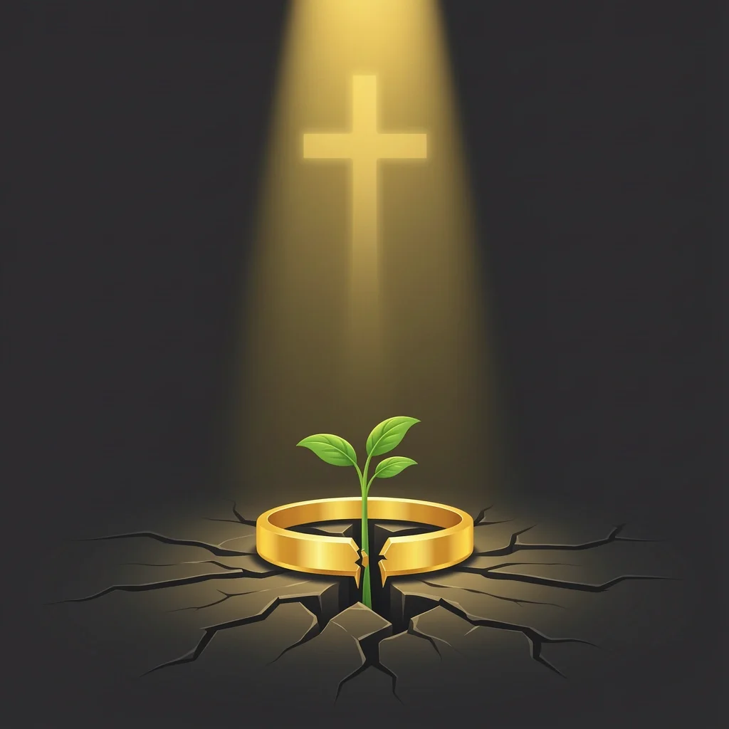 Covenant Broken Divorce Exceptions Hope Illustration A cracked golden ring on a dark stone floor with a light beam forming a cross and a green plant growing from the crack, symbolizing divorce exceptions and hope
