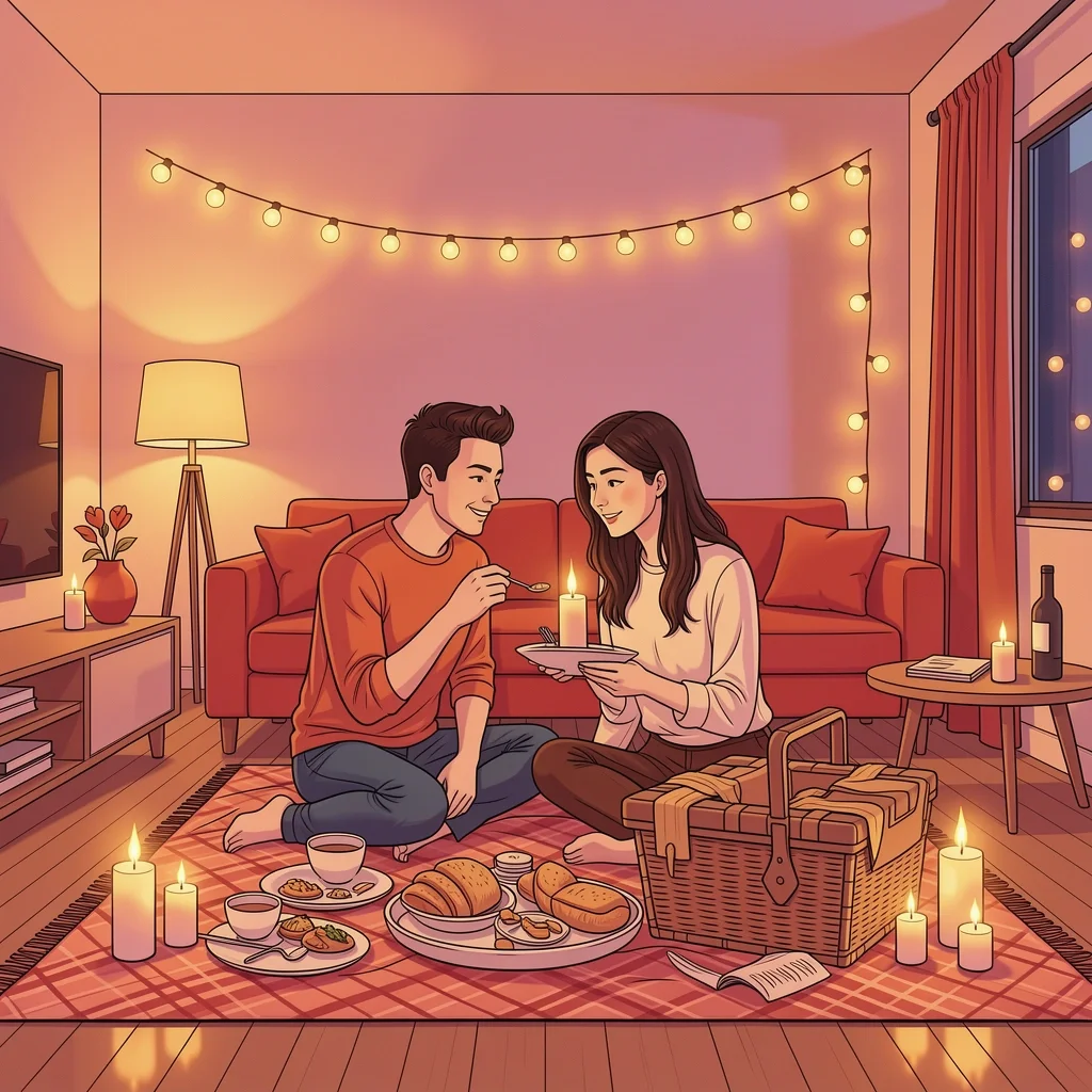 Couple enjoying a cozy at-home date night picnic on the living room floor with candles and string lights