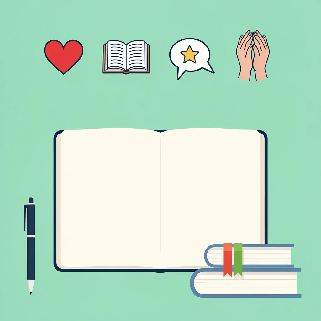 How to create your own wedding day devotional A flat lay of a notebook, pen, and books with four floating symbols: heart, open book, speech bubble, and folded hands