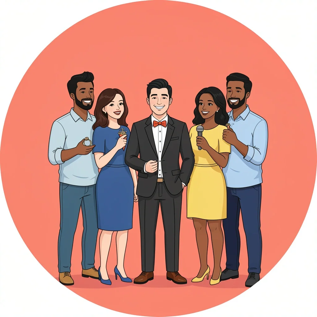 Creative Alternatives to the Best Man Role Groom surrounded by diverse friends each holding a symbol of best man duties: ring, party popper, microphone