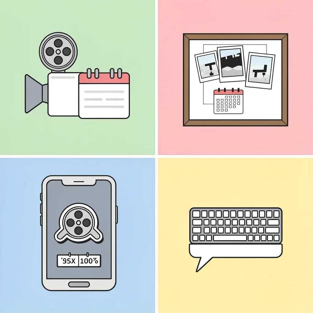 Creative Facebook Post Formats Four-panel illustration showing creative Facebook post formats: video, photo collage, story with stickers, and text-only post