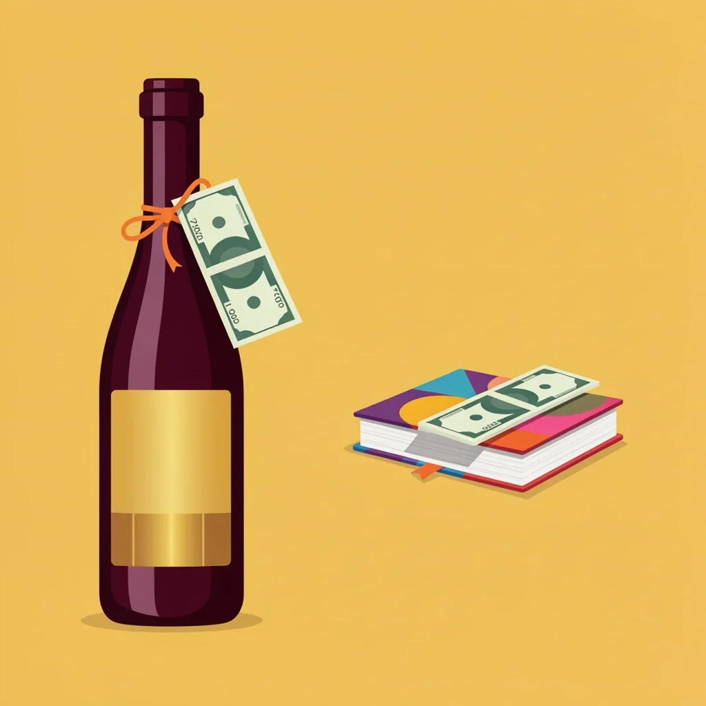Creative Cash Gift Presentation Ideas A creative money gift: a cash bill tied with a ribbon to a wine bottle, and a dollar bill peeking out from an open book, on a yellow background.