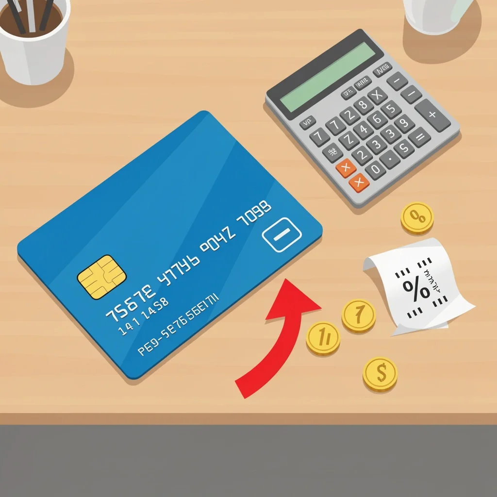 Convenience Fee Visual Credit card with calculator and receipt showing a percentage fee, with a red arrow indicating extra cost