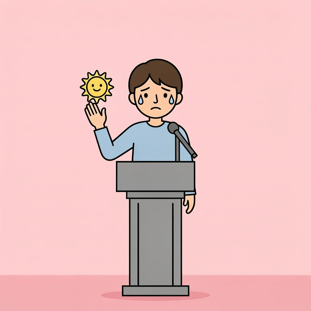 Speaker with single tear at podium holding up hand with smiling sun icon above