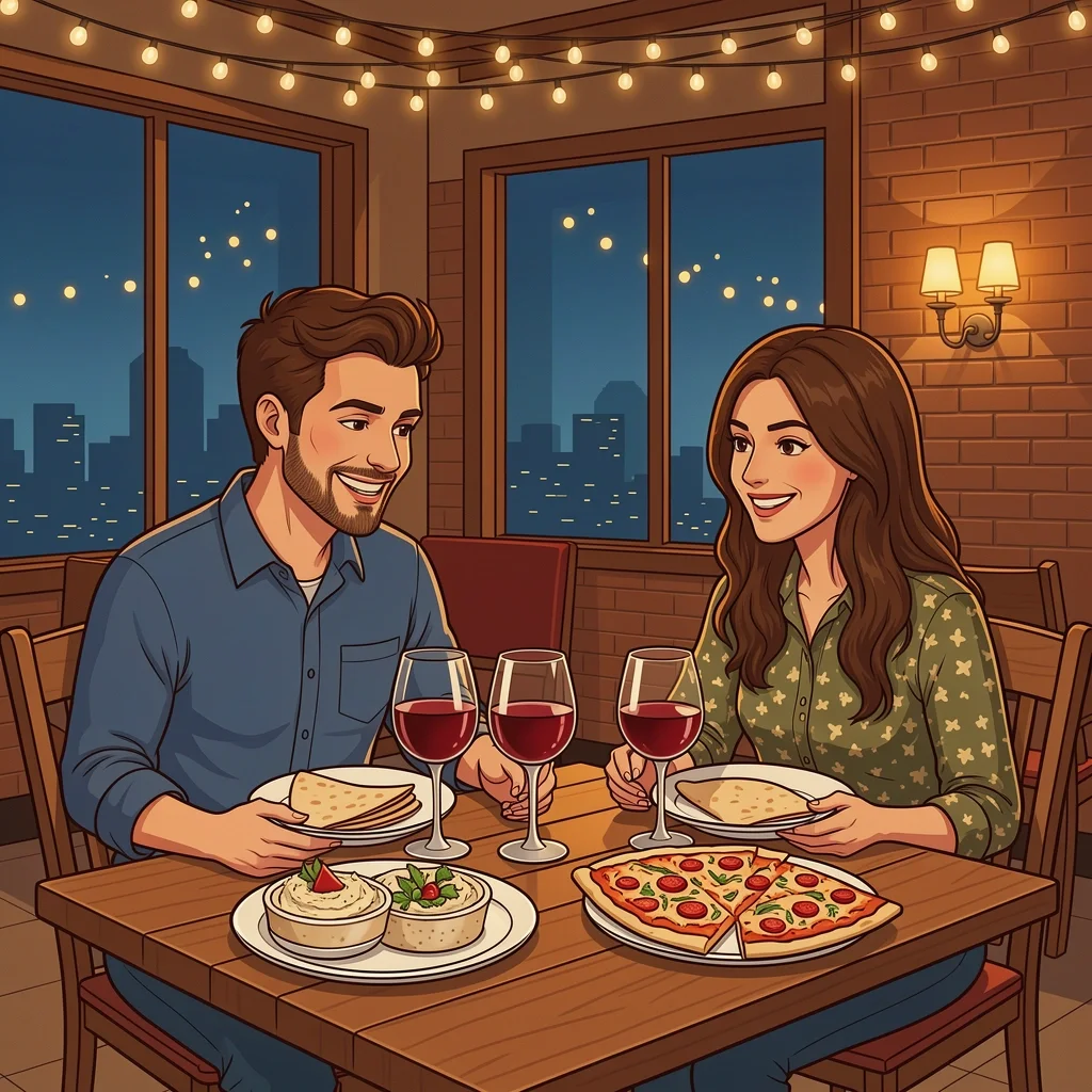 Denver Culinary Date Night Illustration A couple sharing appetizers and pizza at a cozy restaurant with ambient lighting