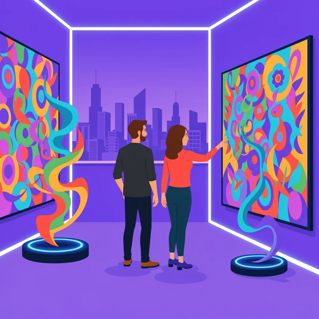 Denver Cultural Date Night Illustration A couple exploring an immersive art installation with surreal sculptures and neon colors