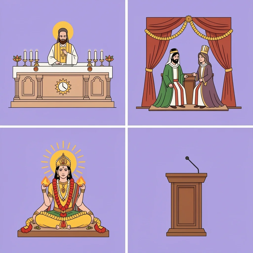 Cultural Wedding Late Arrival Policies Four vignettes of religious wedding ceremonies with timing icons