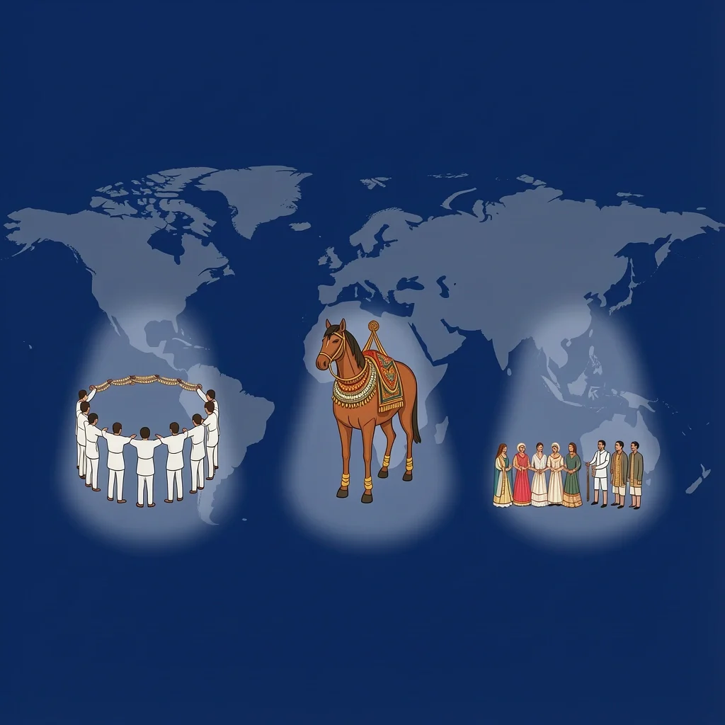 World map with cultural symbols representing Jewish, Indian, and Hispanic wedding traditions for announcing the party
