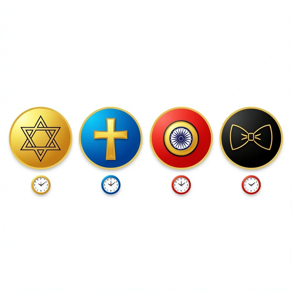 Cultural Reception Variations Four icons symbolizing Jewish, Catholic, Indian, and Black-Tie wedding receptions with clock durations.