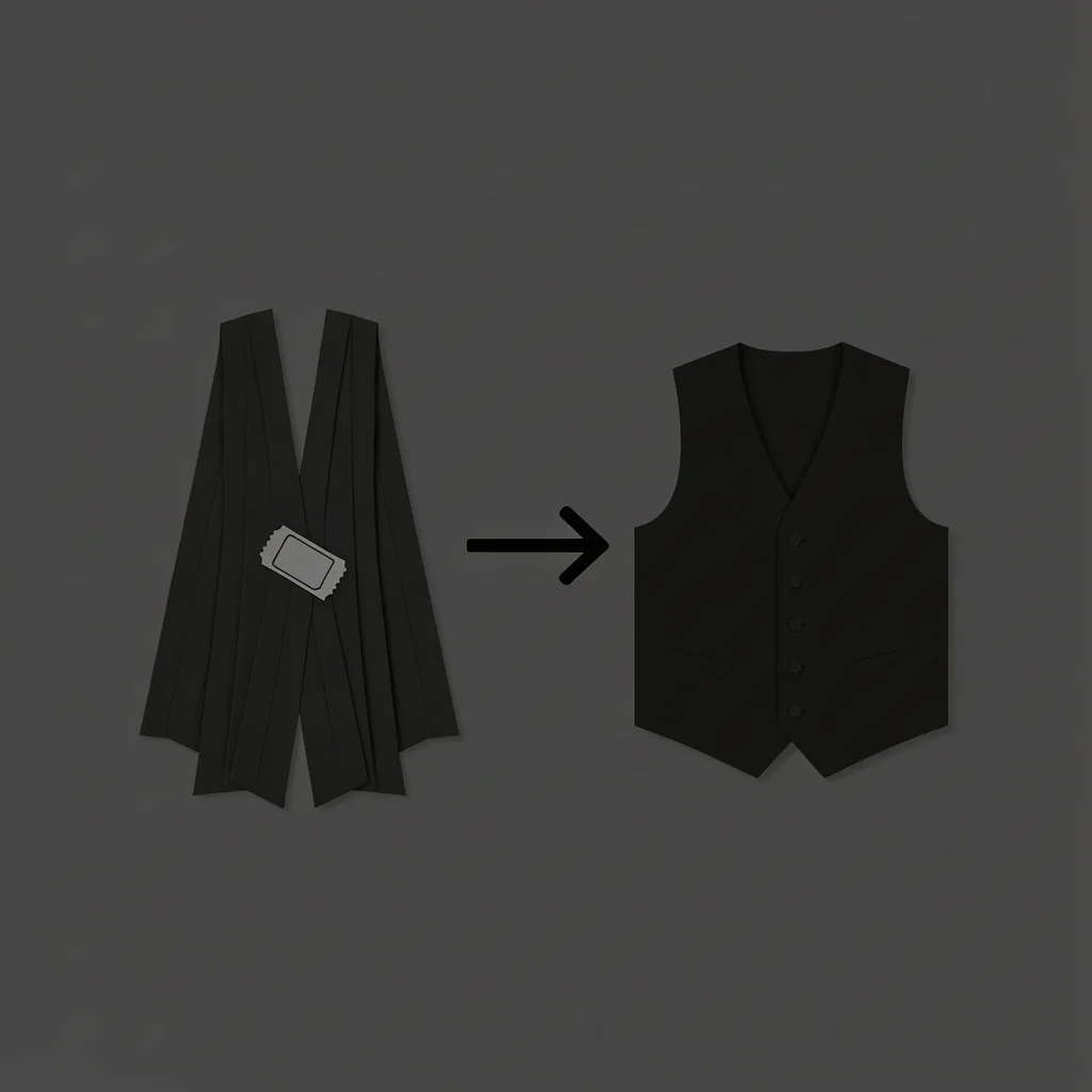Flat lay of a black cummerbund with pleats and a low-cut black vest on a charcoal background with an arrow icon between them.