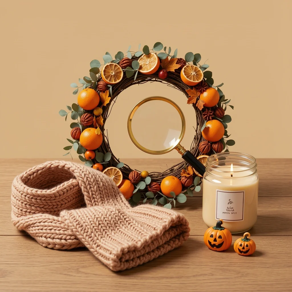 Featured image showing a curated collection of Etsy fall favorites including a wreath, scarf, candle, and earrings with a magnifying glass for inspection