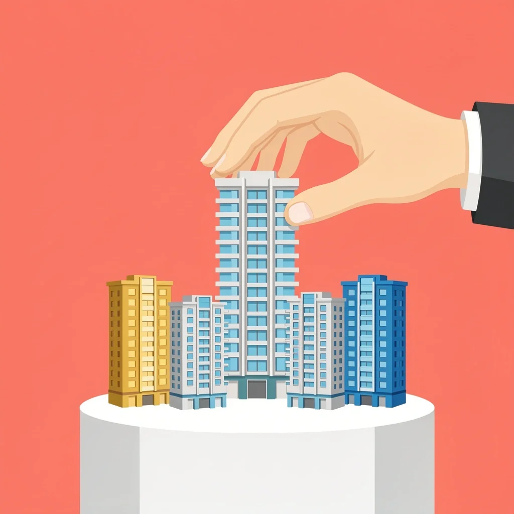 Hand selecting a miniature hotel model from a curated collection
