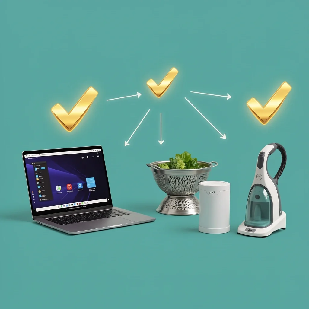 Curated must-have Amazon picks featuring a salad spinner, portable charger, and carpet cleaner on a teal background with checkmarks