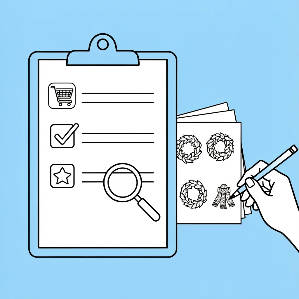 Three-Step Etsy Curation Method Line art illustration of a clipboard checklist showing the three-step curation process: sales, reviews, and shop verification