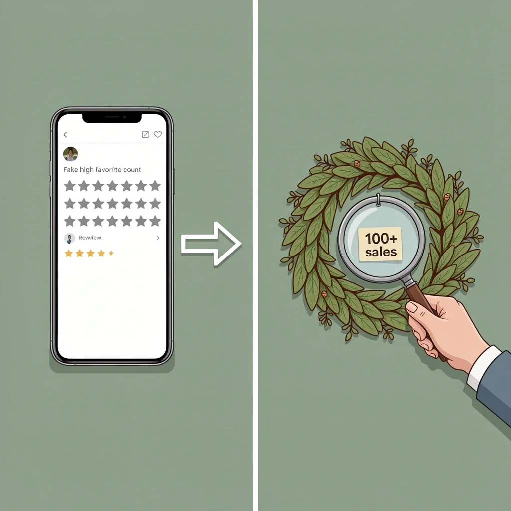 Why You Need a Curator to Spot Fake Etsy Favorites Split comparison illustration showing a fake Etsy listing with many favorites but few reviews versus a genuine handmade item with a magnifying glass