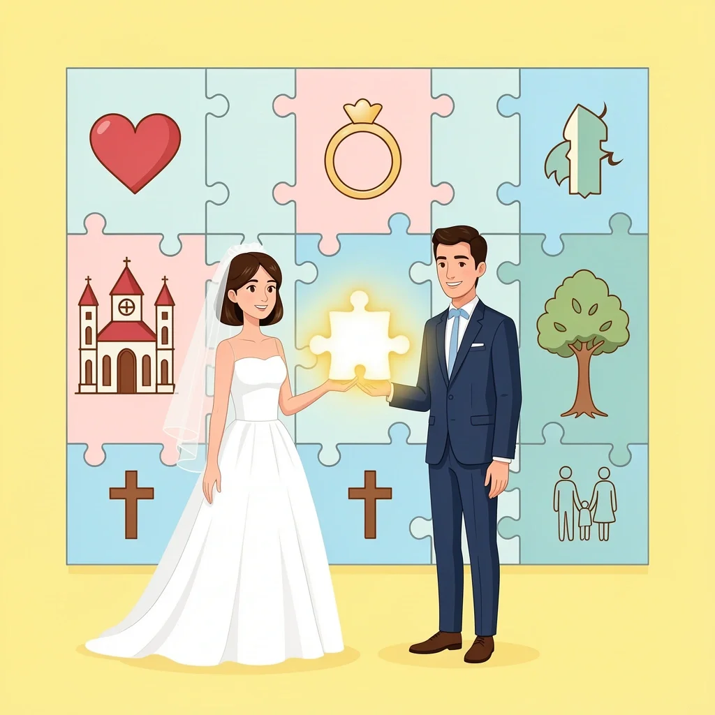 Bride and groom adding a glowing puzzle piece to a wall of symbols representing faith, love, and family