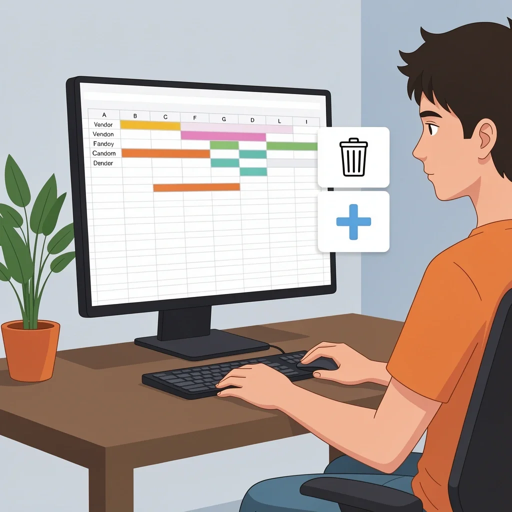 Customizing Wedding Planning Template Person customizing a wedding planning spreadsheet by dragging a vendor column, with trash and plus icons on side panel