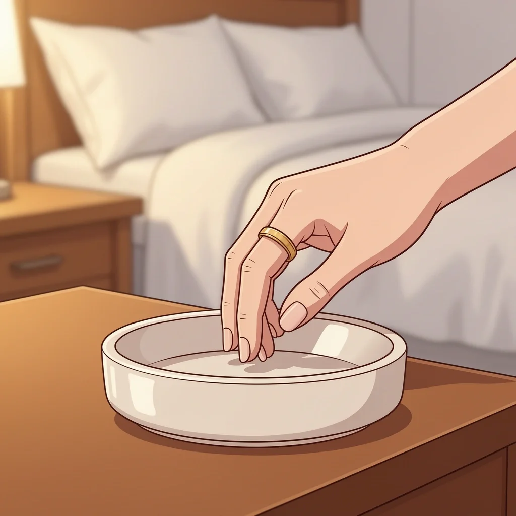 Hand placing wedding ring into ring dish on nightstand for safe storage.