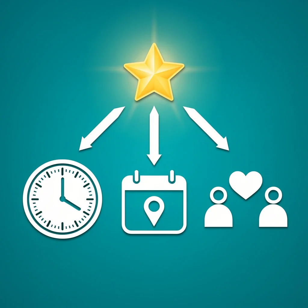 Three icons representing time commitment, planning required, and relationship context with arrows pointing upward