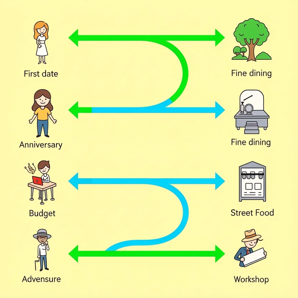 Date Night Decision Matrix Guide Illustration of a decision matrix matching relationship stage to date activity icons