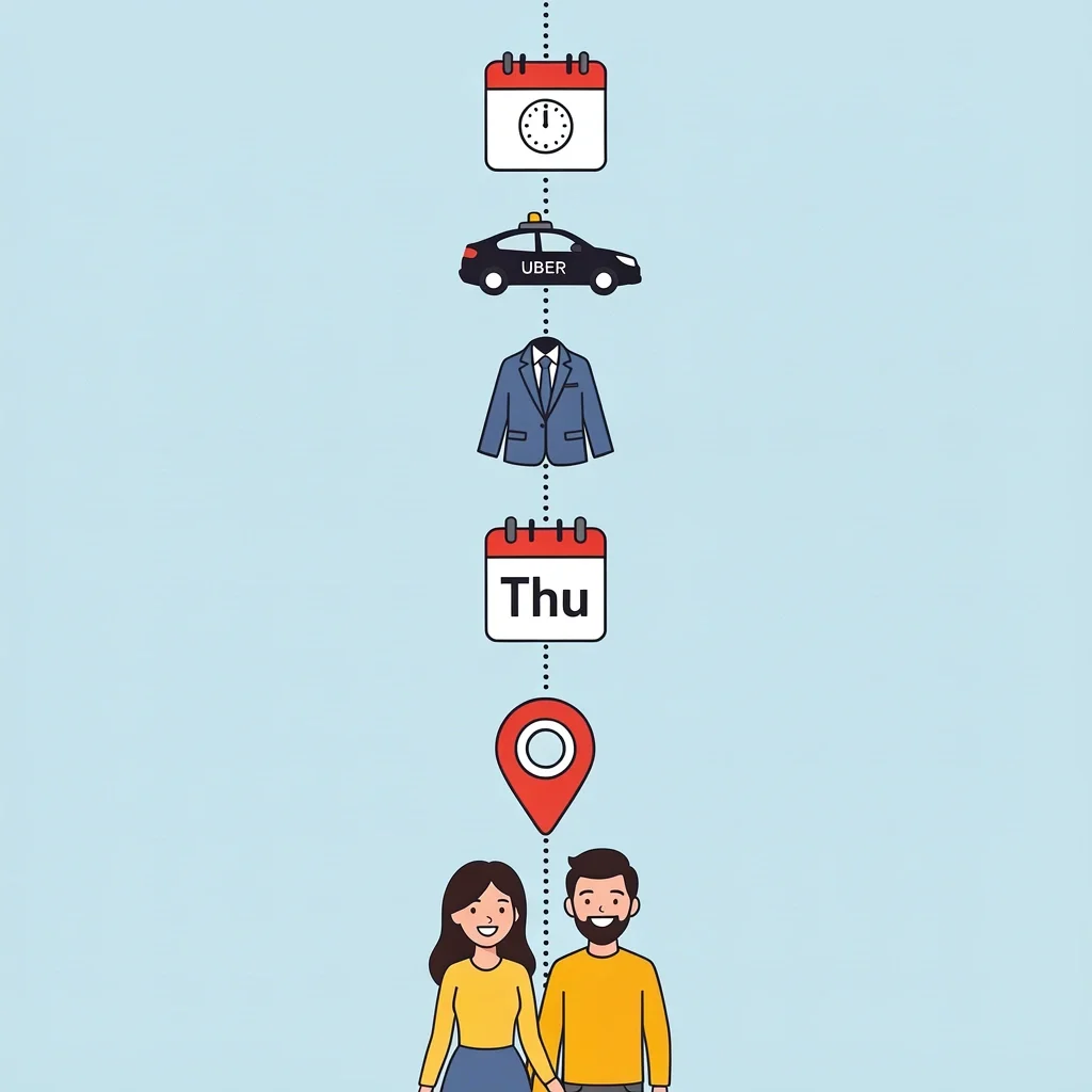 Date Night Planning Tips Five icons representing date night logistics: reservations, rideshare, dress code, day of week, and backup plan
