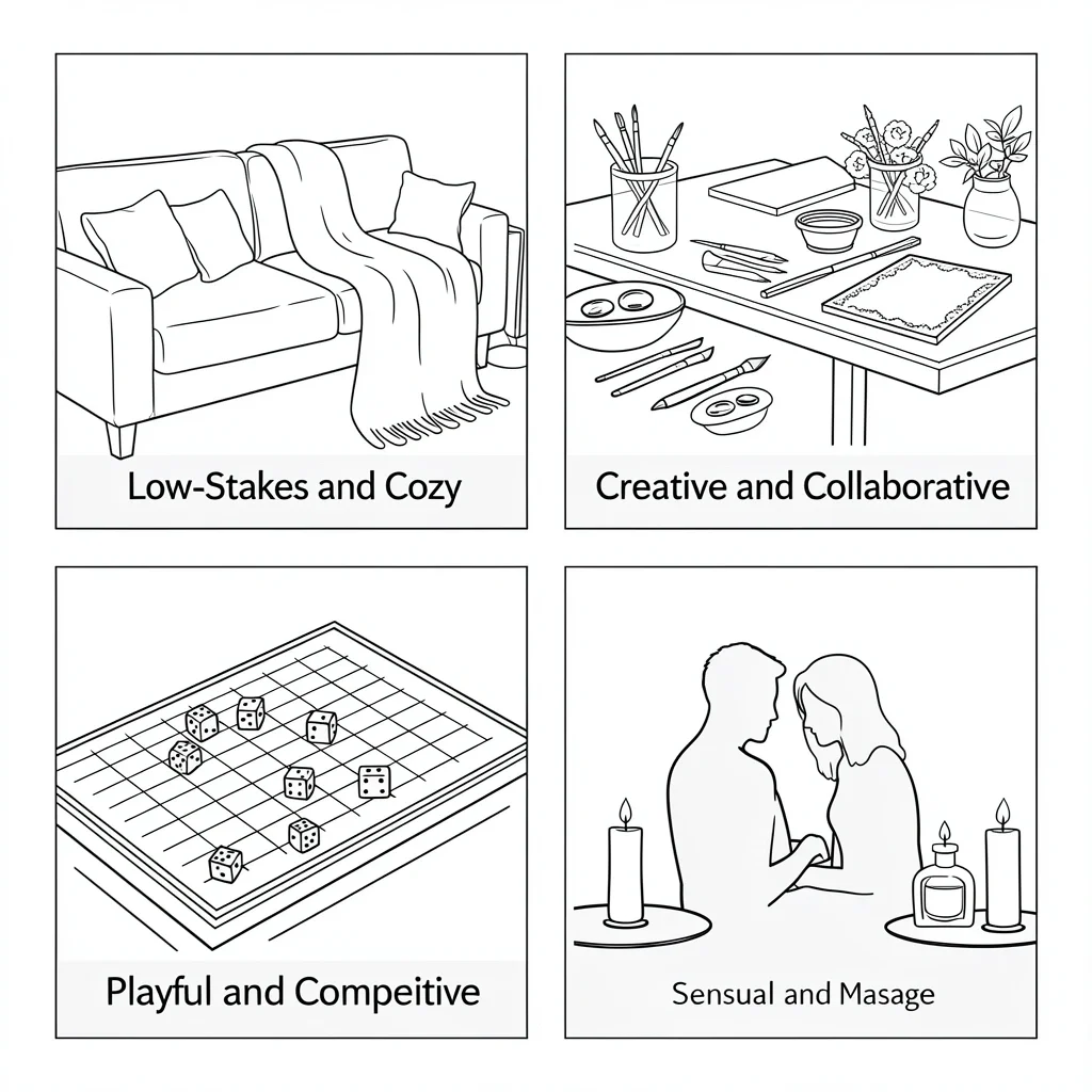 Date Night Activity Mood Categories Mood board with four date night activity types: cozy, creative, playful, and romantic