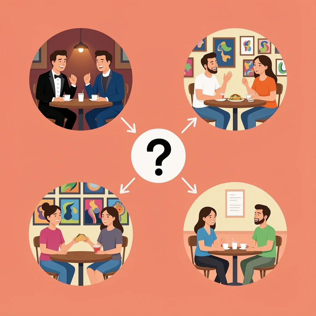 Choose Your Date Night Vibe Five different date night scenarios in Dallas showing romantic, casual, adventurous, budget, and first date options