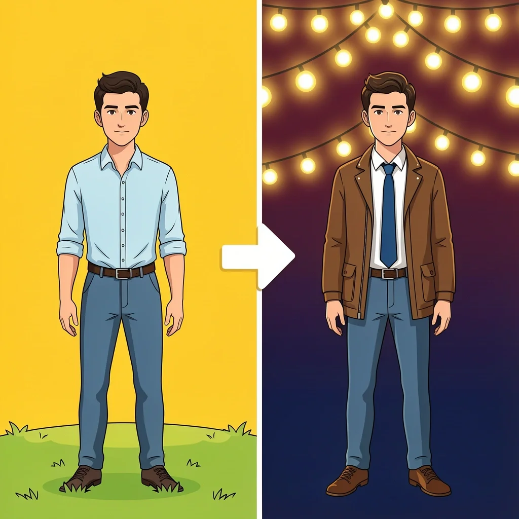 Split illustration showing daytime casual and evening formal outfit for backyard wedding
