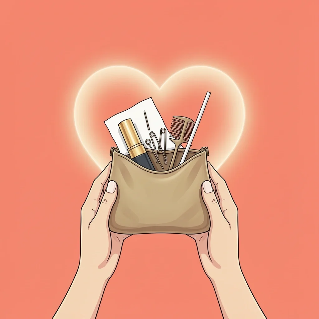 MOH Day-of Bag for Bride Open day-of bag in hands showing lipstick, blotting paper, bobby pins, comb, and straw