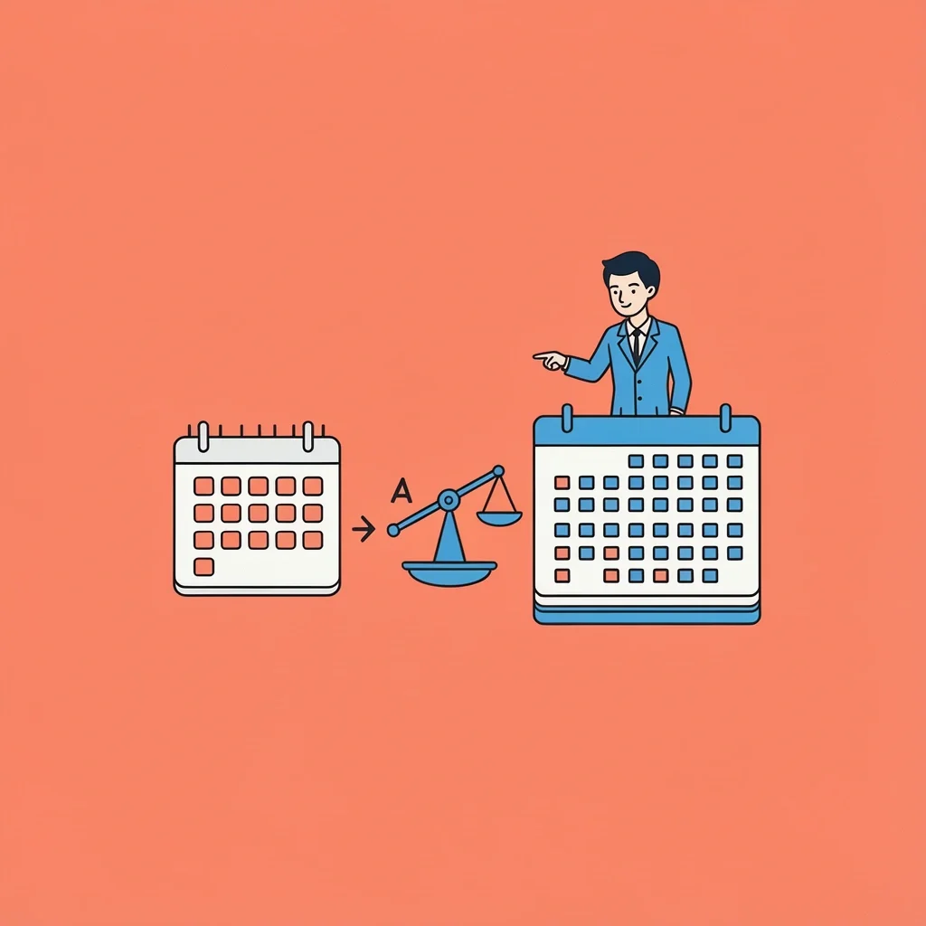 Day-of vs Month-of Coordinator Comparison Side-by-side comparison of a short calendar (day-of) and a longer calendar (month-of) with a scale leaning toward the longer side, and a coordinator pointing to it, illustrating the cost-benefit comparison.