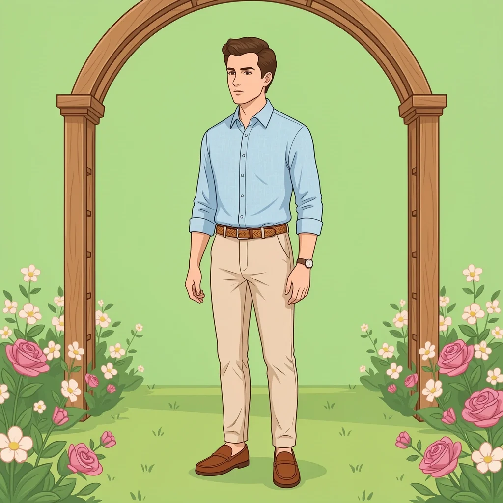 Man in linen shirt and chinos at daytime garden wedding without blazer