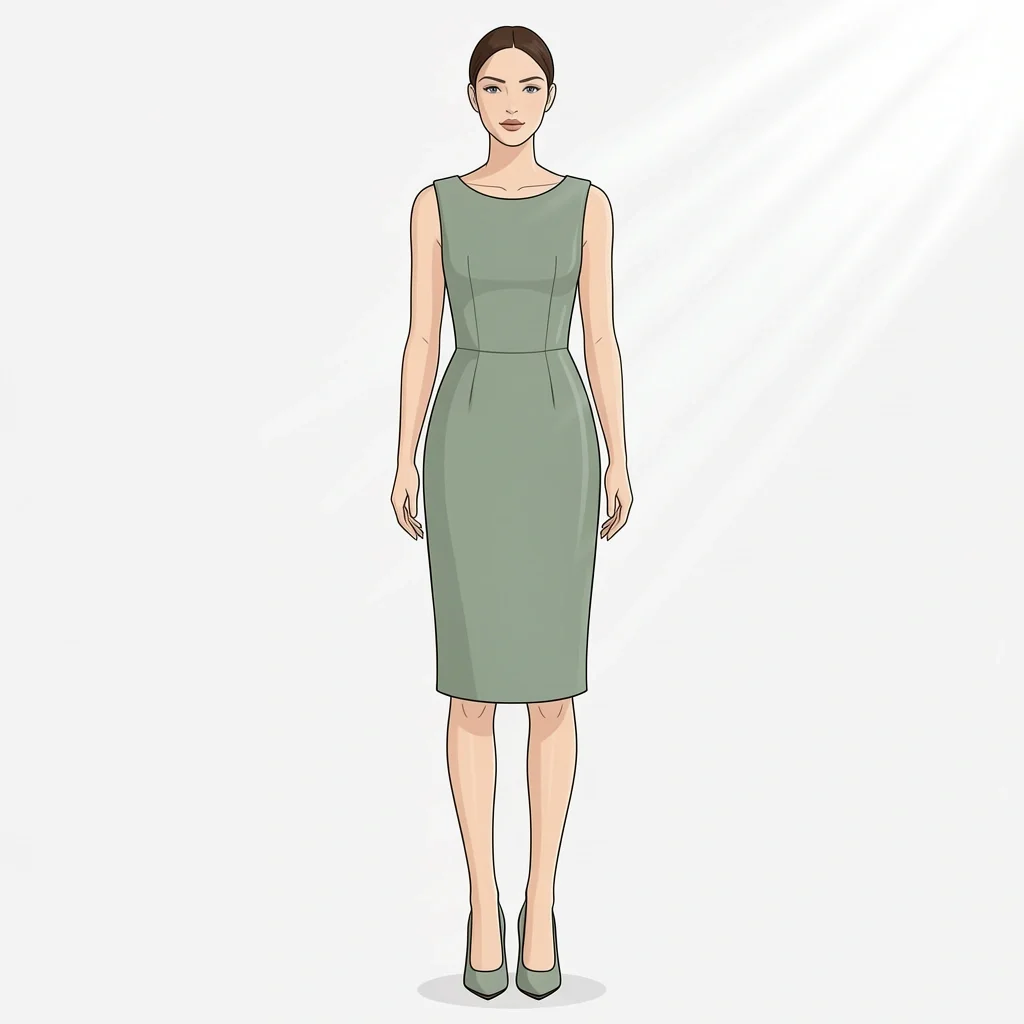 Sage green crepe sheath dress with block-heel pumps for daytime courthouse wedding guest outfit