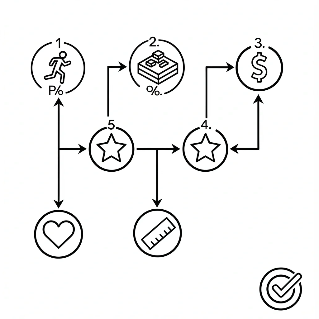 Ring Decision Making Process Flowchart with six numbered icons for lifestyle, materials, budget, style, partner, sizing ending in a ring with checkmark.