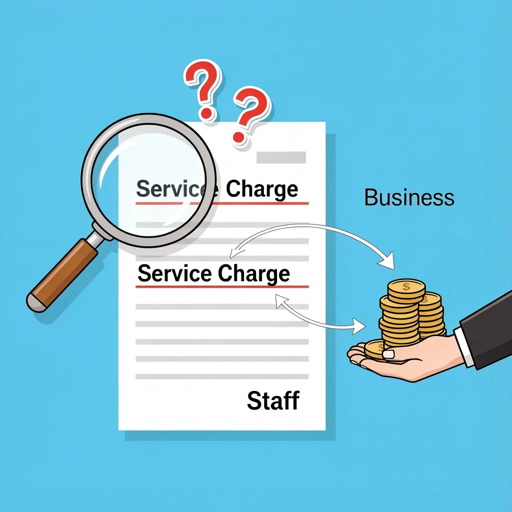Decoding Service Charge in Contracts Magnifying glass over contract highlighting service charge with arrows to business and staff compensation