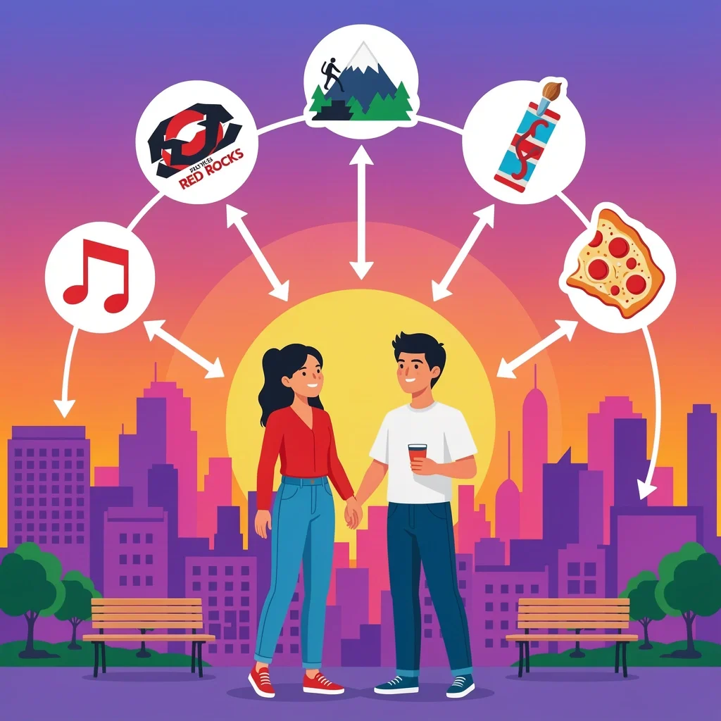 A couple surrounded by icons representing different Denver date night activities like concerts, art, hiking, dining, and romantic walks